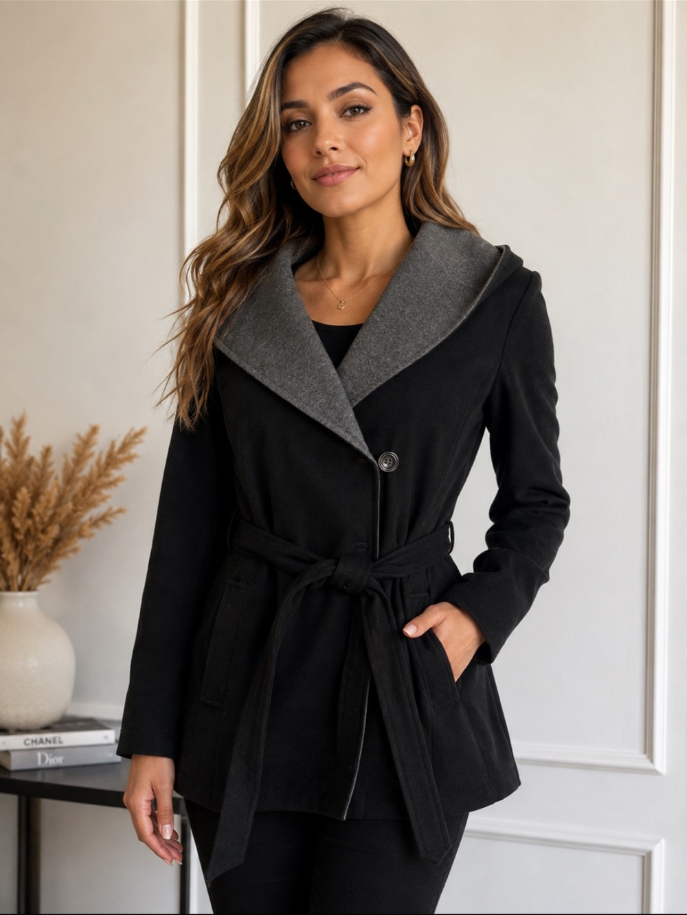 Sebby Black Trench Coat with Gray Shawl Collar